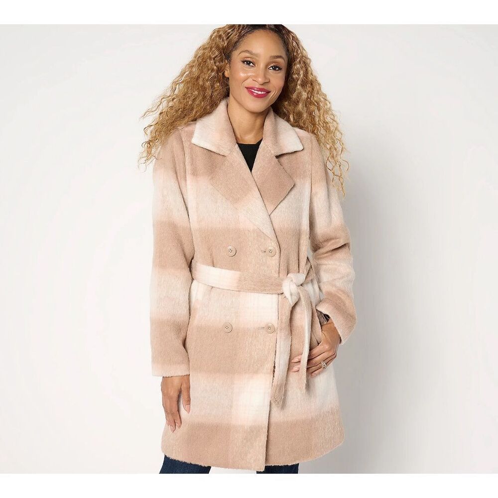Susan Graver Womens Large Faux Wool Double Breasted Coat Tie Taupe Plaid‎ NWOT